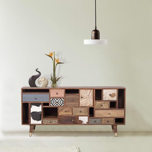 Sideboard drawers cowhide carved wood | Terranova Mango