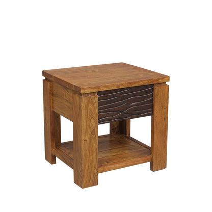 Two-tone carved wooden bedside table 1T | Acacia Maya