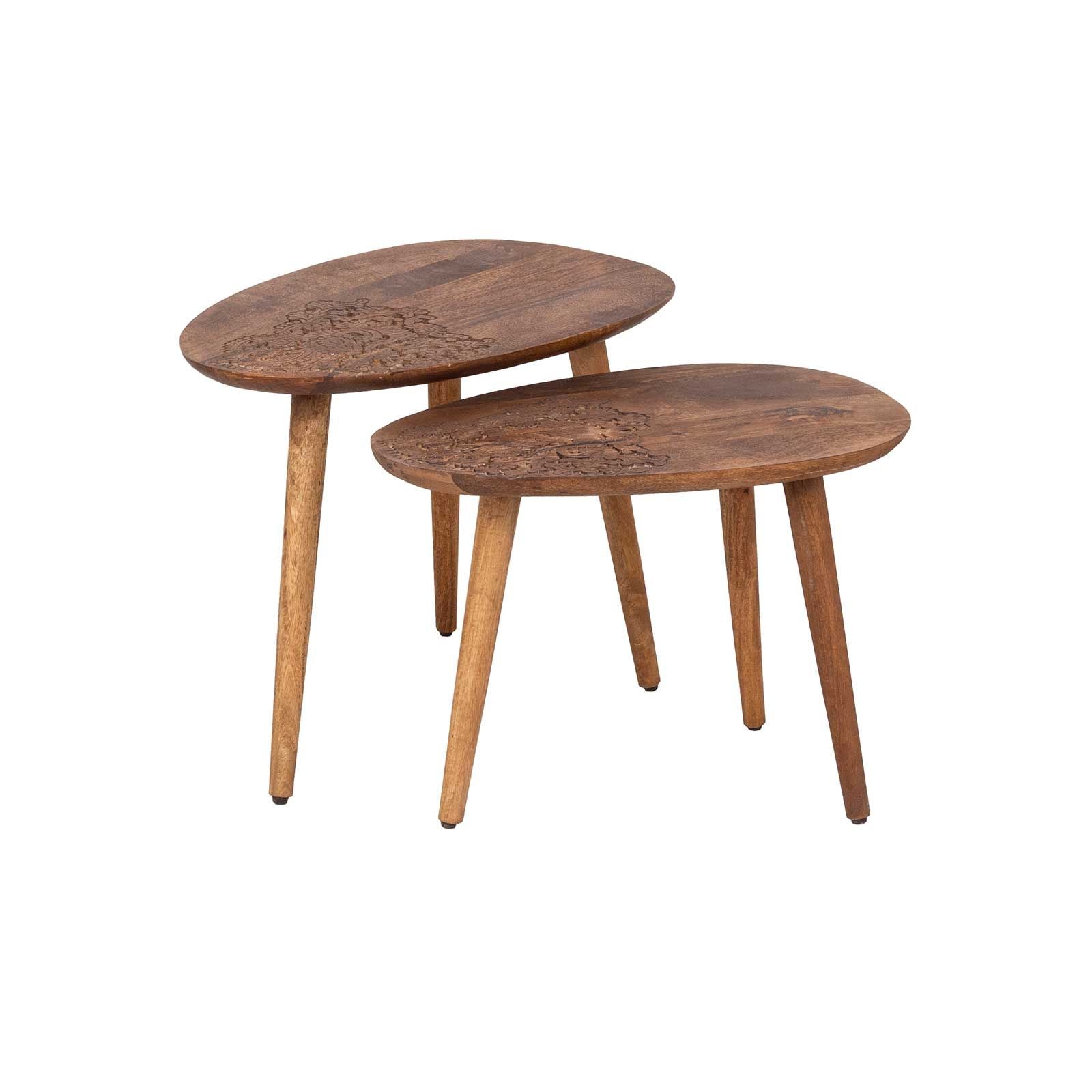 Set 2 tables d'appoint plateau sculpté bois massif | Acacia Adir