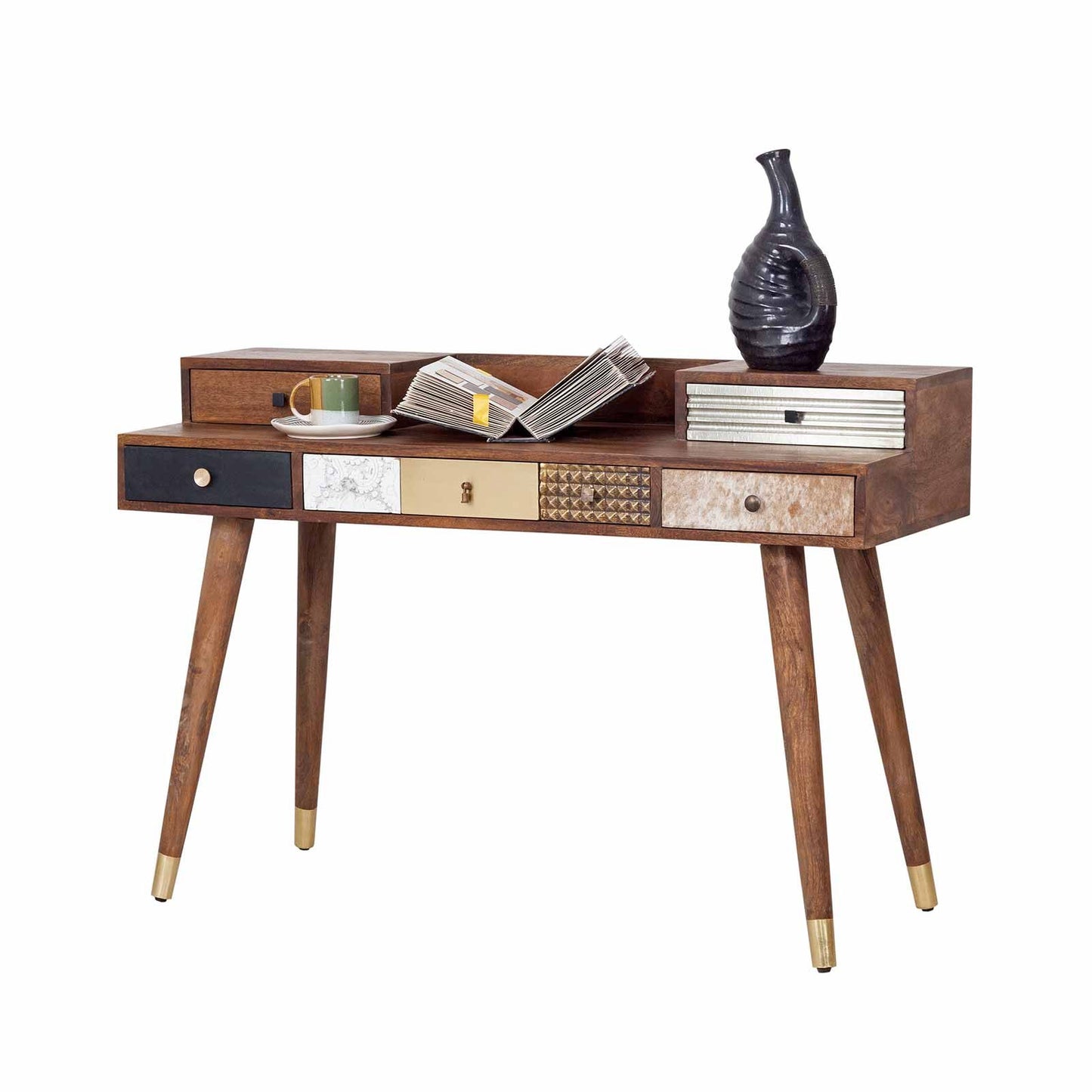 Bureau multi-matériaux peau de vache bois sculpté | Manguier Terranova