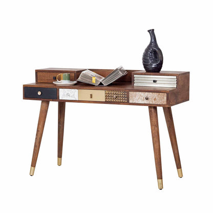 Bureau multi-matériaux peau de vache bois sculpté | Manguier Terranova