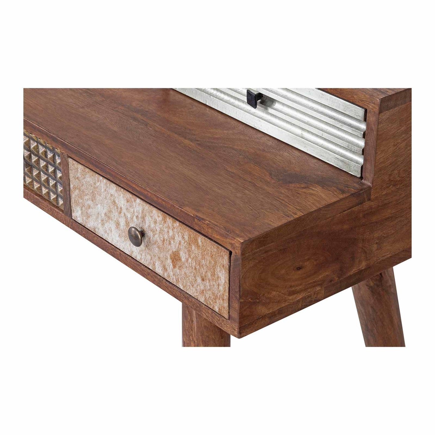 Bureau multi-matériaux peau de vache bois sculpté | Manguier Terranova