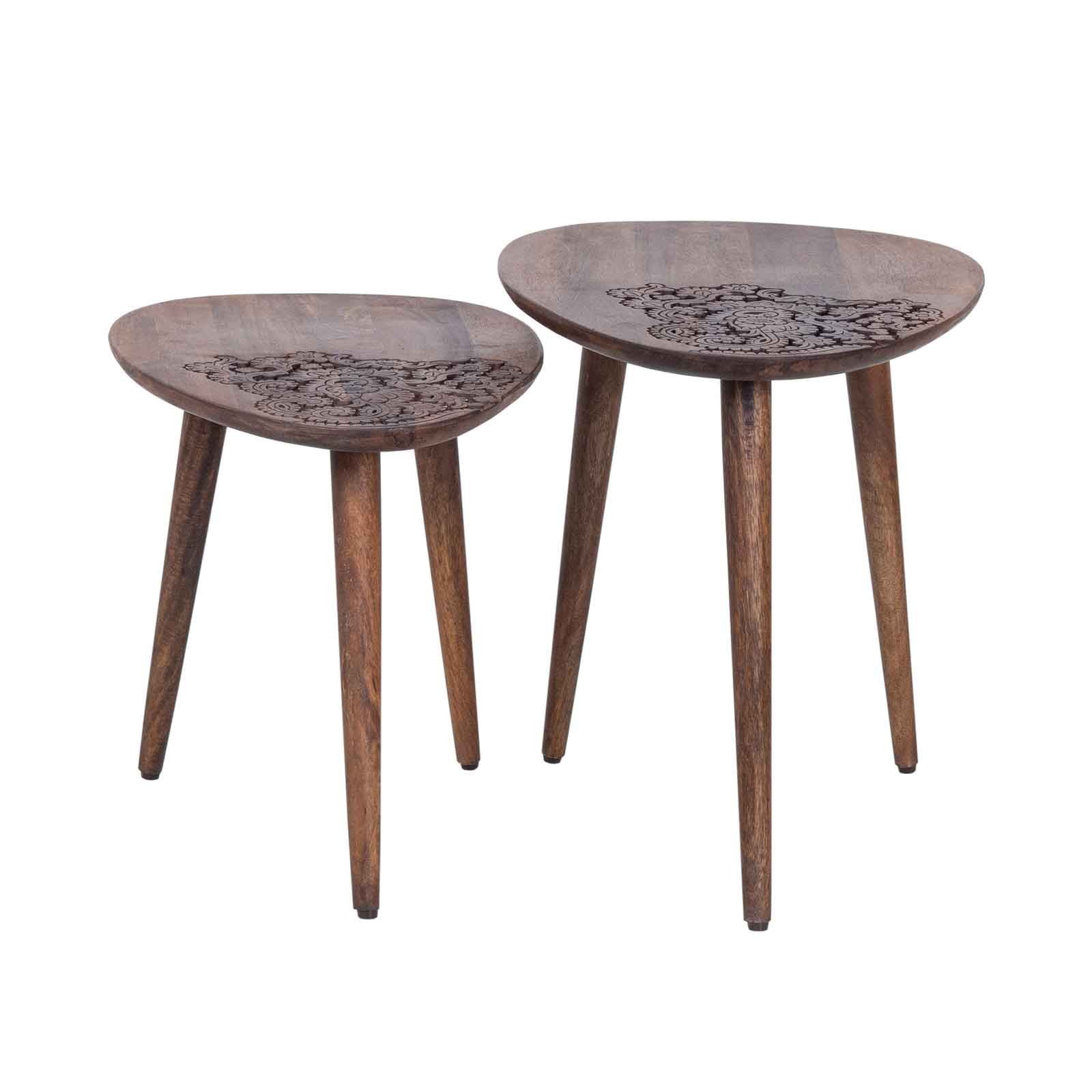 Set 2 tables d'appoint plateau sculpté bois massif | Acacia Adir