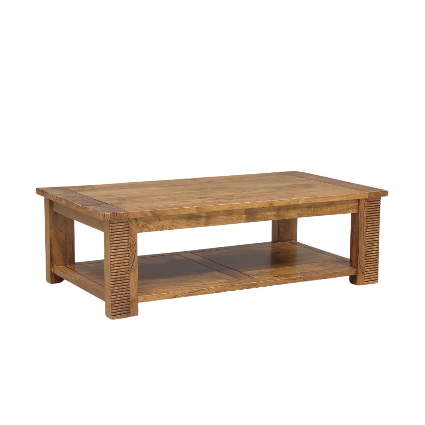 Rectangular coffee table with double top, grooved wood | Acacia Verone