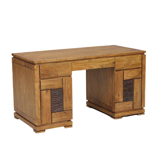 Bureau bois sculpté bicolore 2P 2T | Acacia Maya