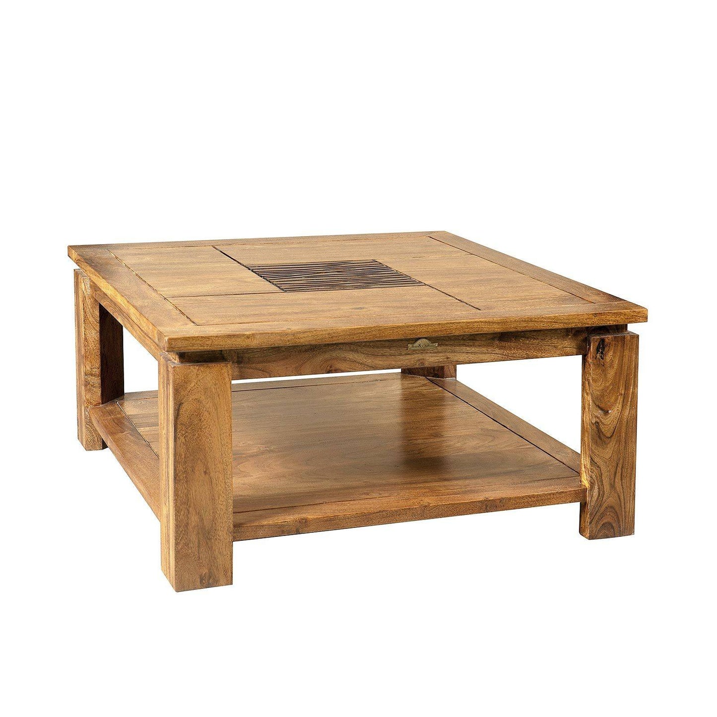 "Acacia Maya" two-tone carved wooden square coffee table